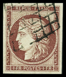 N°6 1f carmin, obl. grille propre, TTB. Signé A.Brun