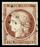 N°6 1f carmin, obl. gros points propre, TTB. Signé