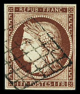 N°6B 1f carmin-brun, obl. grille propre, TTB. Signé