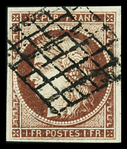 N°6B 1f carmin-brun, obl. grille propre, TTB. Signé