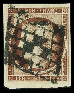 N°6B 1f carmin-brun, obl. grille très encré (style