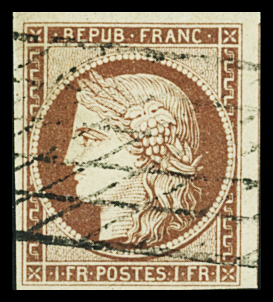 N°6 1f carmin, obl. grille sans fin, TTB