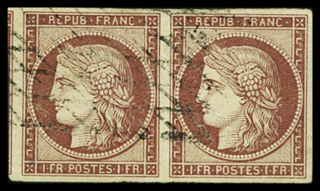 N°6a 1f carmin clair, paire avec voisin, obl. grille