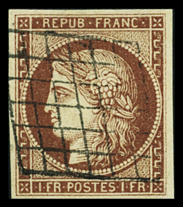 N°6B 1f carmin-brun, obl. grille propre, TTB. Signé