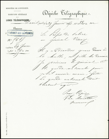 5 dépêches télégraphiques entre le 5 et le 29 janvier