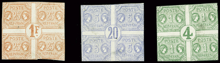 Projet Cordier-Mouchon de 1874 "simplification du timbre-poste 4c vert, 20c bleu et 1F orange en blocs de 4 avec valeur centrale. TB