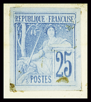 Projet de 1894 pour l'emission d'un timbre en 1900 avec valeur faciale 25c en bleu, République assise accoudée sur le cartouche. TB