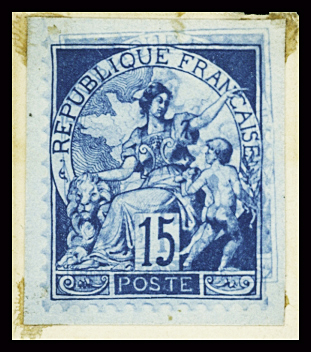Projet de Laffilée, 15c bleu Marianne assise protégeant un enfant à droite et caressant un lion à gauche sur fond de carte de France. TB