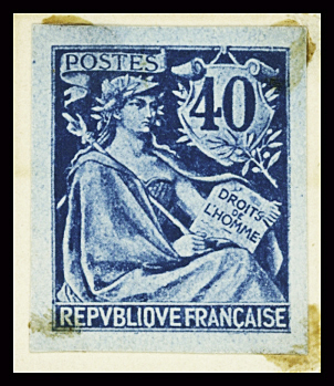 Projet 40c bleu Mouchon primitif : Marianne tenant la table des droits de l'Homme. TB