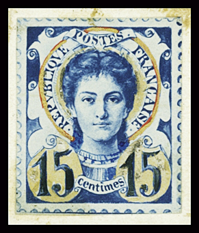 Projet de Callias 15c bleu tête de femme de face rehéussée à la peinture or, circa 1894. TB