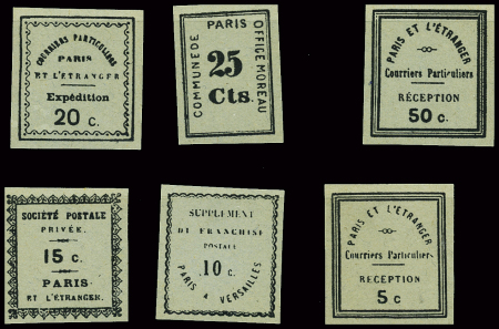 Rare ensemble de 6 timbres de l'Agende Moreau (5c - 10c - 15c - 20c - 25c - 50c) pour le courrier entrant et sortant de Paris pendant la Commune, restés non émis du fait de la chute de la Commune. Rare et TB