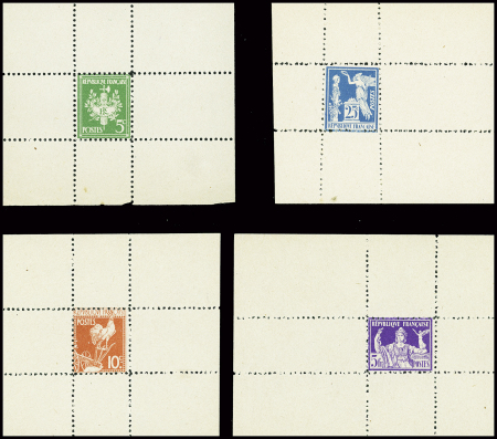4 essais sur petits feuillets dentelés 5c vert, 10c orange, 25c bleu, 5F violet : diverses allégories de la République, certificat Behr. Rare et TB