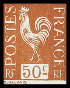 Essai non émis 50c orange coq de Galanis, certificat Behr. TB