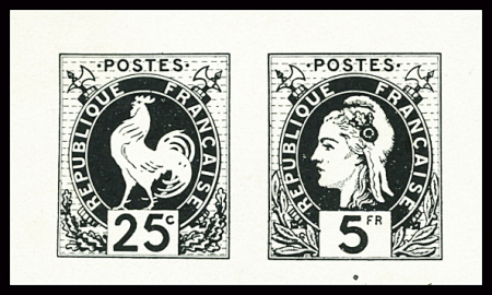 2 essais en noir se tenant sur petit feuillet : 25c coq et 5F tête de Marianne. TB