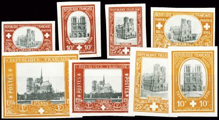 8 projets sur papier fort 'Pour venir en aide aux victimes de la guerre" représentant les cathédrales de Paris et de Reims avec surtaxes. Rare et TB