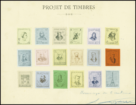 Série de 18 projets de timbres de couleurs diff collés sur un carton (plié au centre pour archivage et consolidé au verso par une bandelette cristal), échelonnés de 1c à FF, sur le sujet La France Républicaine (1c, Mara