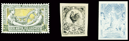 3 projets : 5c coq gaulois noir ND (1898 - signé D.Morer) - Projet 1F bleu clair la République protectrice des Arts et des Lettres (concours de 1876) et 30c Arts Décoratifs 30c projet d'Edmond Becker dentelé non adopté.