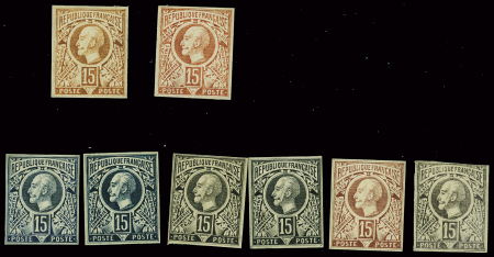 8 essais de couleurs diverses non dentelés à l'effigie du Président de la République Jules Grévy. Ensemble rare et TB.