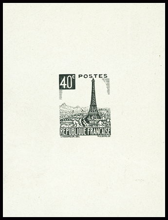 Epreuve en noir d'un projet Delzers, 40c noir Tour Eiffel et vue de Paris, feuillet petit format. TB