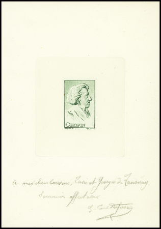 Chopin sans valeur indiquée, épreuve d'artiste en vert d'un projet non adopté, dédicacé et signé au crayon par Dufresne. Rare et TB