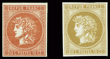 Projet Gaiffe de 1876, 10c tête de Cérès, 2 exemplaires en bistre et vermillon. TB