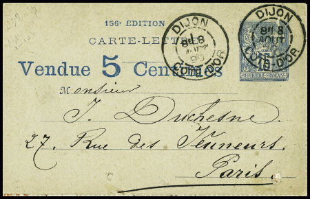Carte lettre annonces 15c Sage 156e édition vendue 5 centimes obl Dijon (1890) avec pubs diverses de Dijon - (SAG J 34N). TB