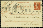 Entier carte lettre 10c semeuse camée rouge obl mécanique d'essai Chambon "Reims-gare Marne" (1913). TB