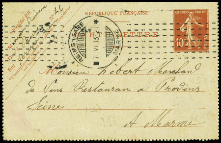 Entier carte lettre 10c semeuse camée rouge obl mécanique d'essai Chambon "Reims-gare Marne" (1913). TB