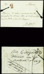 2 lettres de la Petite Poste de Paris : l'une avec cachet de port Dû "APD" noir (an 2), l'autre avec cachet rouge de boitier "G59" et cachet noir de quantième "27" (1779). TB