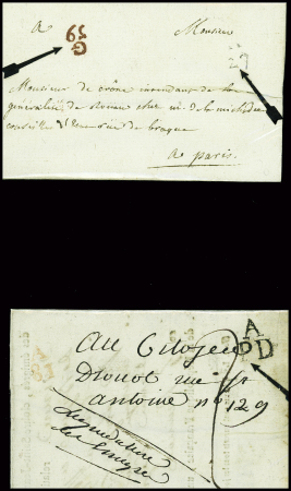 2 lettres de la Petite Poste de Paris : l'une avec cachet de port Dû "APD" noir (an 2), l'autre avec cachet rouge de boitier "G59" et cachet noir de quantième "27" (1779). TB