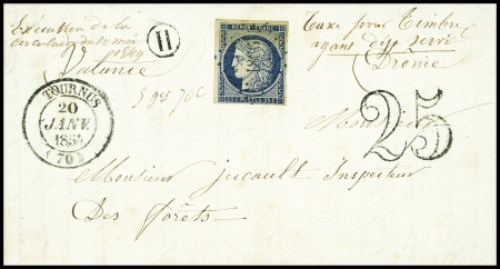 N°4 sur lettre avec T14 Tournus (20 janv 54) + taxe 25 double trait et mention manuscrite "taxe pour timbre ayant déjà servi". Est jointe une feuille jaune "Avis de l'émission dans le service des postes d'une lettre revê