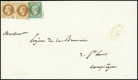 N°19 + 26 en paire obl étoile rouge + CAD "Bau du palais de Compiègne" (1866) sur imprimé local AFF à 5c, frappes faibles mais AFF très rare