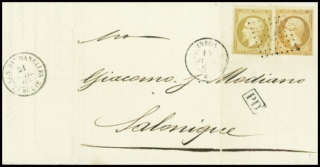 N°21 + 23 obl ancre + CAD "Indus*" (1865) sur lettre pour Salonique avec au verso CAD T15 "Les Dardanelles Turquie". TB