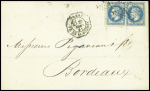 N°29 en paire obl étoile 1 + CAD octogonal de levée exceptionnelle "Paris Pl. de la Bourse" (1867) sur lettre pour Bordeaux. TB