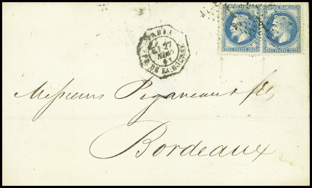 N°29 en paire obl étoile 1 + CAD octogonal de levée exceptionnelle "Paris Pl. de la Bourse" (1867) sur lettre pour Bordeaux. TB