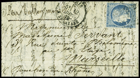 N°37 obl étoile 2 + CAD "Paris R. St Lazate" (12 dec 70) sur ballon monté sans arrivée pour Marseille (La Ville de Paris, ballon capturé par les Prussiens). TB
