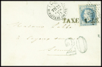N°29 obl étoile 35 + CAD "Paris ministère des finances (28 fev 71) sur lettre pour Cayeux sur Mer Somme avec griffe noire "taxe alle(mande)" + taxe 20 double trait en bleu (arrivée 4 mars). TB