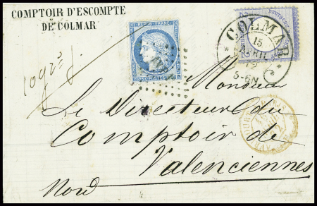 N°60 obl losange de points "AVP 1°" (ambulant Avricourt à Paris) + Allemagne n°17 obl fer à cheval Colmar (15 avril 72) sur lettre pour Valenciennes. TB