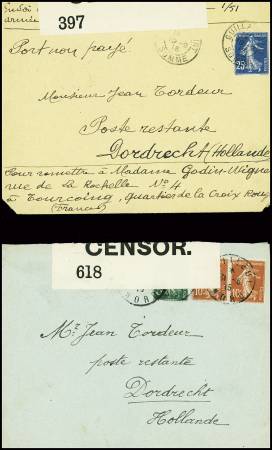 4 lettres AFF semeuses postées de villes françaises libres adressées à un passeur hollandais en passant par l'Angleterre pour être remises à un destinataire en zone occupée de France ou de Belgique, avec censures anglais