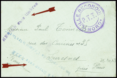 Lettre non AFF avec cachet violet "Lille reconquis PTT Nord" + griffe violette "Localité sans timbres" + griffe bleue "à livrer sans taxe par ordre de l'Administration" et au verso obl mec "Paris RP Départ" (26.10.1924).