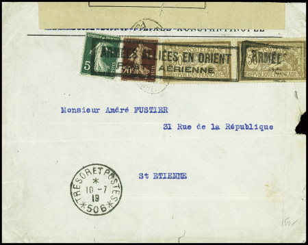N°137 + 139 + 120 en paire avec cachet rect noir "Armées alliées en orient poste aérienne" sur lettre pour Saint Etienne avec CAD "Trésor et poste 506" (10.7.19) et censure. TB
