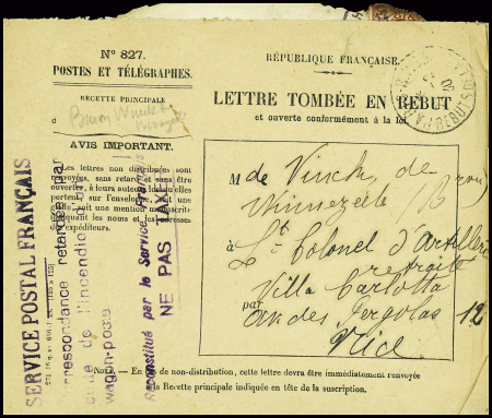 Lettre brulée de Bruxelles + env de réexpédition PTT n°827 "Letttre tombée en rebut" avec CAD "Paris rebuts de la Seine" (27.2.30) adressée au baron de Vinck (célèbre auteur d'ouvrages philatéliques de l'entre deux guerr