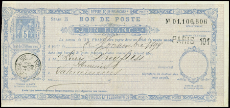 Bon de Poste 5c Sage bleu - un franc (SAG F4) obl Paris 101 (1898). TB. Cote 300€