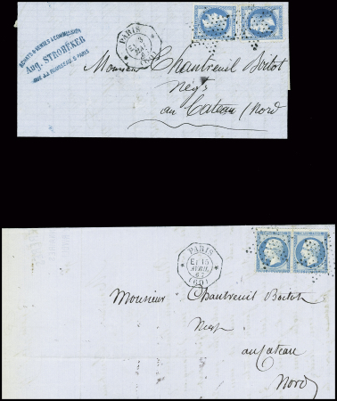 2 lettres : n°22 en paire obl étoile muette + CAD octogonal de levée exceptionnelle "Paris (60) E1" (1867) et n°29, 2 pièces obl étoile muette + CAD octogonal "Paris (60) E1" (3 mai 67). TB