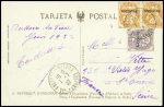 N°4 en paire + 6, types blanc surchargés, obl CAD "Andorre français Val d'Andorre" (1932) sur carte postale sépia "8 - Republica d'Andorra - Etang d'Engolasters". Rare et TB