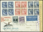 N°37 + 38 + 40 en blocs de 4 + 34 + 40A obl CAD rect "Andorra la Vieja" (1938) sur lettre recommandée pour Paris avec cachet rect violet "Republica espanola censura Seo de Urgel avec au verso vignette touristique polychr
