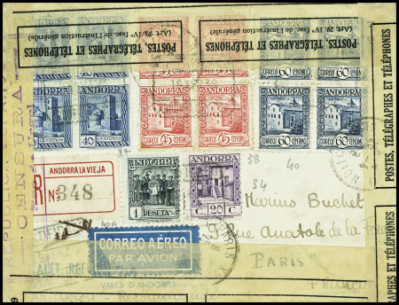 N°37 + 38 + 40 en blocs de 4 + 34 + 40A obl CAD rect "Andorra la Vieja" (1938) sur lettre recommandée pour Paris avec cachet rect violet "Republica espanola censura Seo de Urgel avec au verso vignette touristique polychr