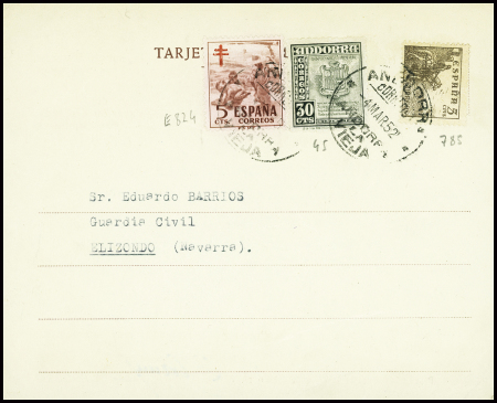 Andorre espagnol n°45 en mixte avec Espagne n°785 + 824 obl CAD "Andorra correos Andorra la Vieja" (4 mars 1952) sur carte postale de Radio Andorra. TB
