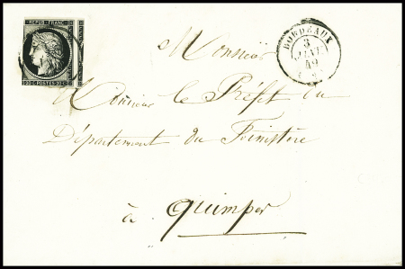 N°3 20c noir sur blanc, touché à gauche, obl CAD T15 "Bordeaux (32)" (3 janv 49) sur lettre avec au verso transit Nantes et arrivée Quimper