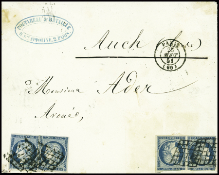 N°4 25c bleu, 4 pièces dont une paire (1 ex touché dans un angle) obl grille + T15 Paris (25 aout 51) sur lettre avec au verso arrivée Auch